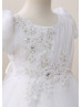 Short Sleeves Beaded White Lace Organza Flower Girl Dress